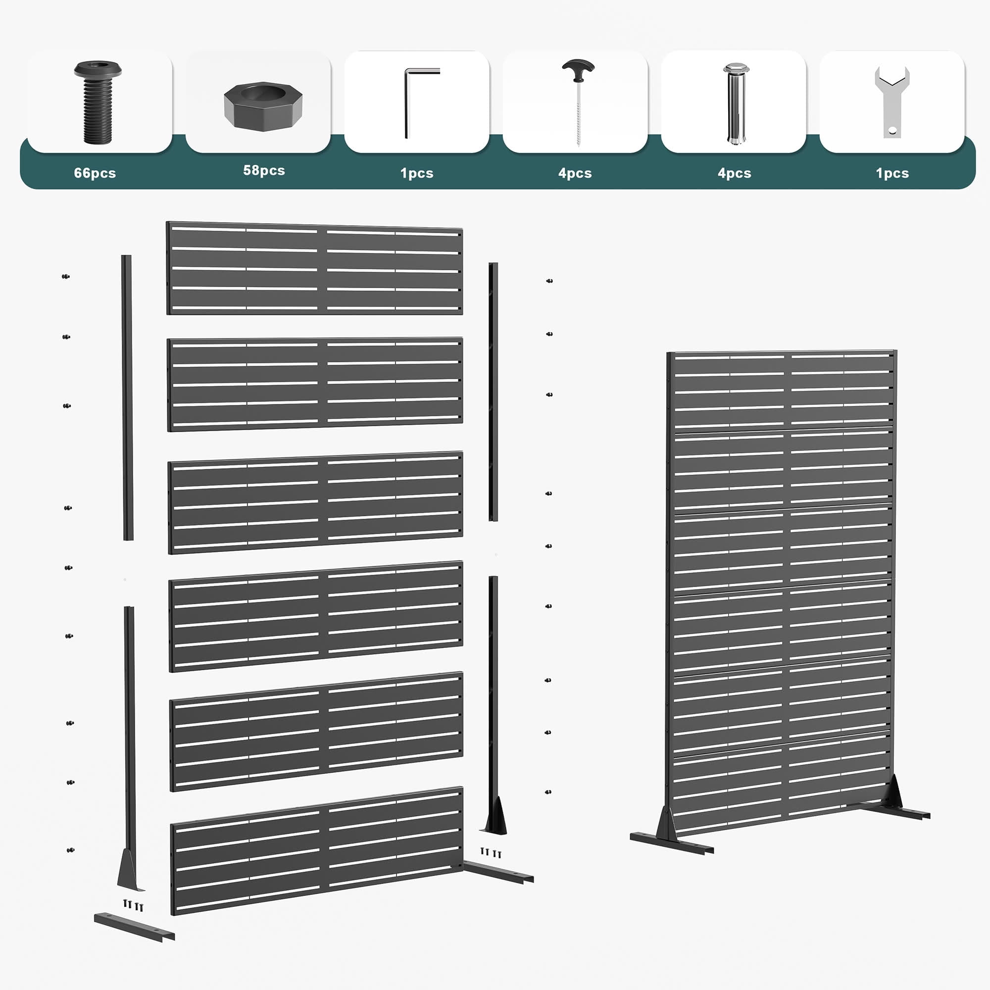 MAYEERTY Outdoor Metal Privacy Screen 6 × 4FT Black, 6-Panel Classic Louvered Design, Easy Install for Apartment Balcony