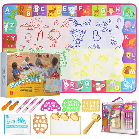 LittleMag Aqua Magic Doodle Mat for Kids - 60x40 Inch Water Drawing Canvas - Fun and Educational Alphabet Coloring Pad with Brushes  Stamps  Stencils  Carry Case