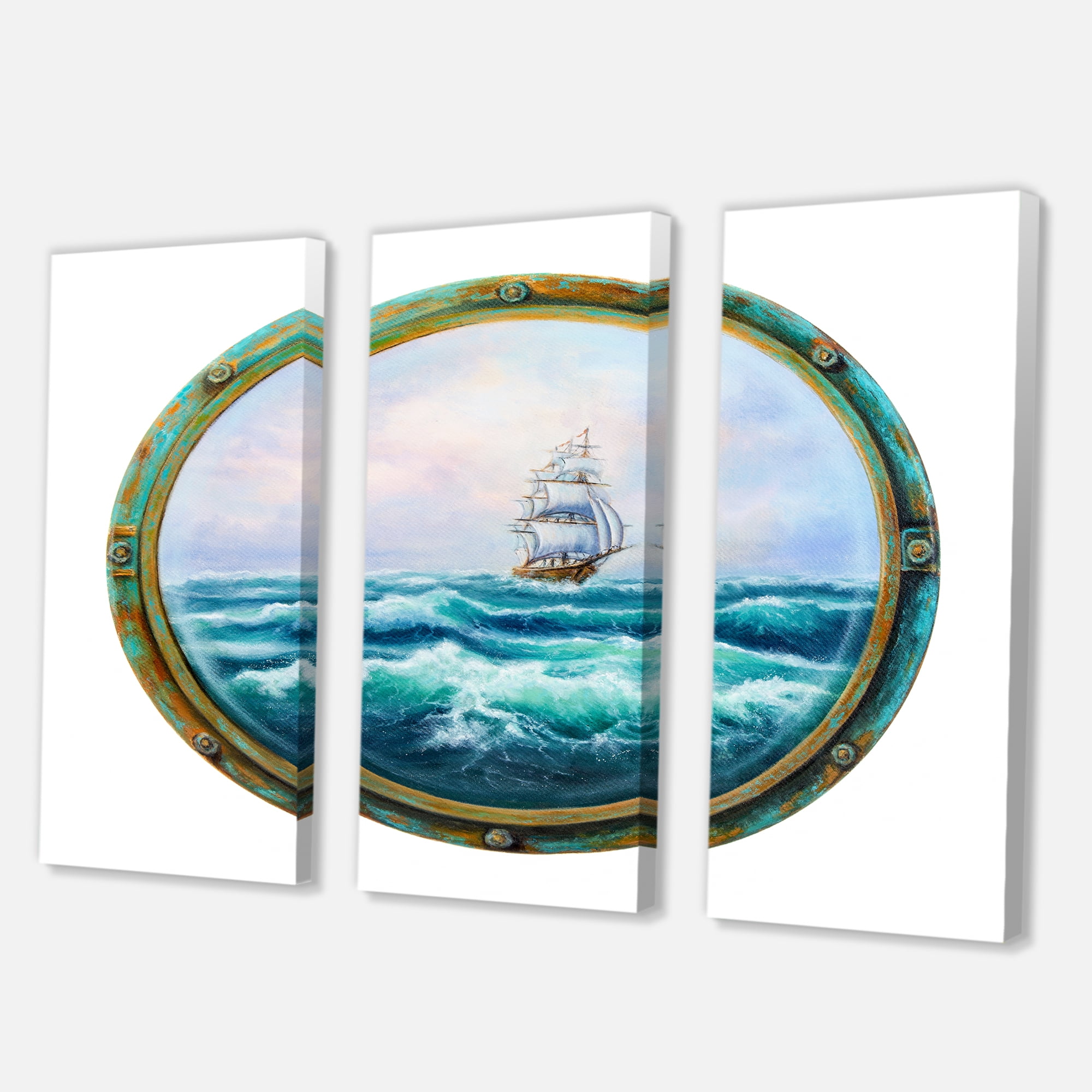 Ship In Stormy Ocean Through Cabin Window 28 in x 36 in Painting Canvas Art Print, by Designart