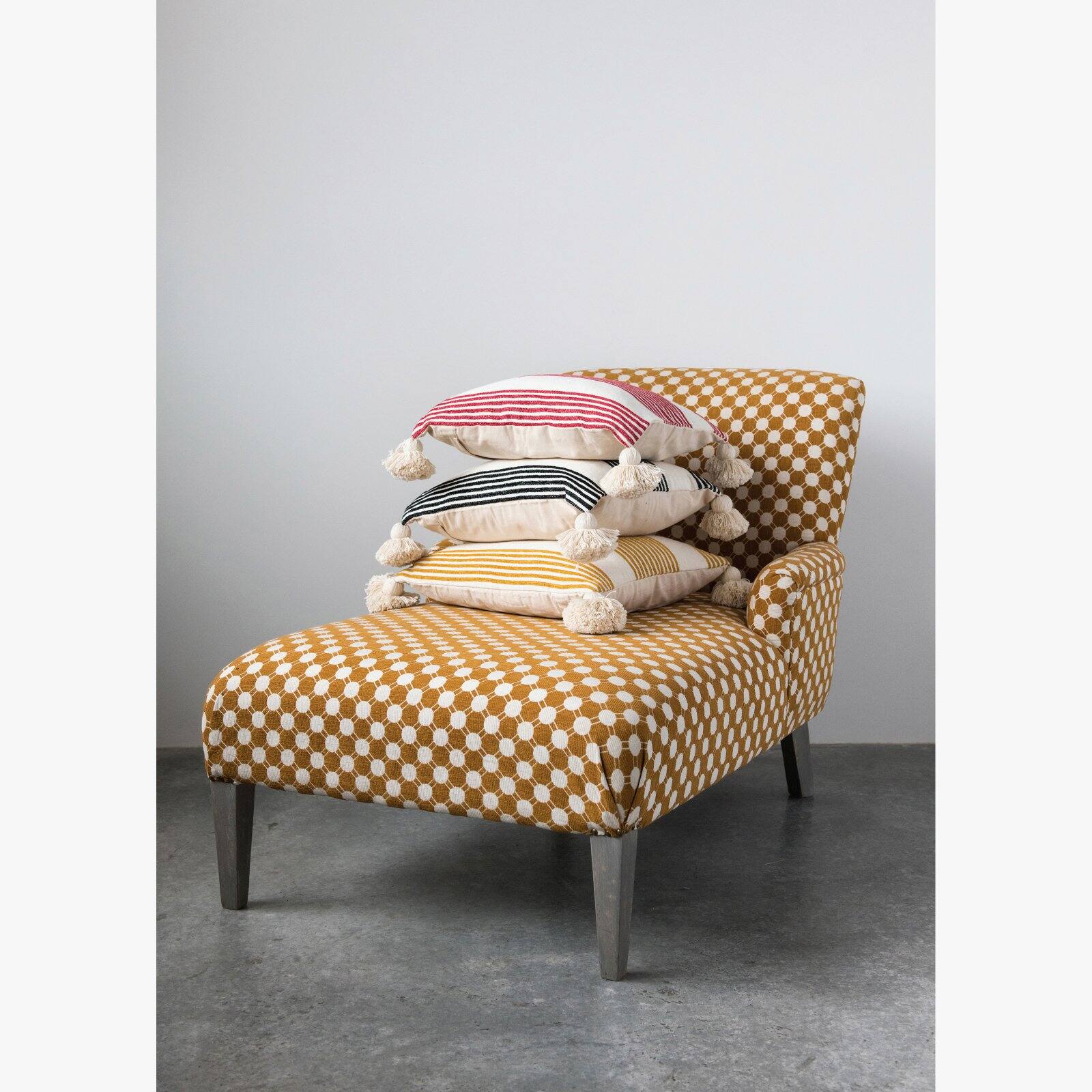 Desert Fields Cream Cotton & Chenille Pillow with Mustard Stripes & Tassels