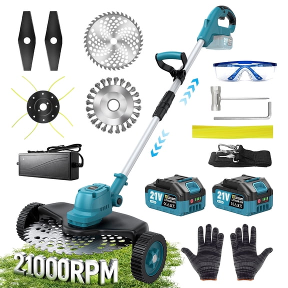 21,000RPM Cordless Electric Weed Wacker, 1000W Brushless Weed Eater with Wheels, 9" 4-in-1 String Trimmer Lawn Edger Mini Lawn Mower Brush Cutter, 21V, 2×4.0Ah Batteries