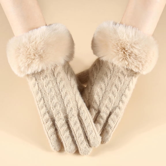 Winter Gloves for Women with Faux Fur Trimmed Fleece Lined Cable Knit Solid Stretchy Gloves Beige Free Size