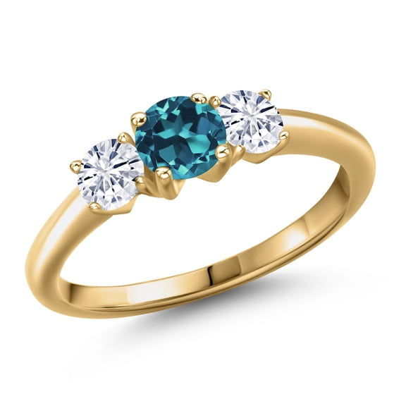 Gem Stone King 18K Yellow Gold Plated Silver London Blue Topaz and White Moissanite Engagement Ring for Women | 1.16 Cttw | Round 5MM | Gemstone November Birthstone | Size 6