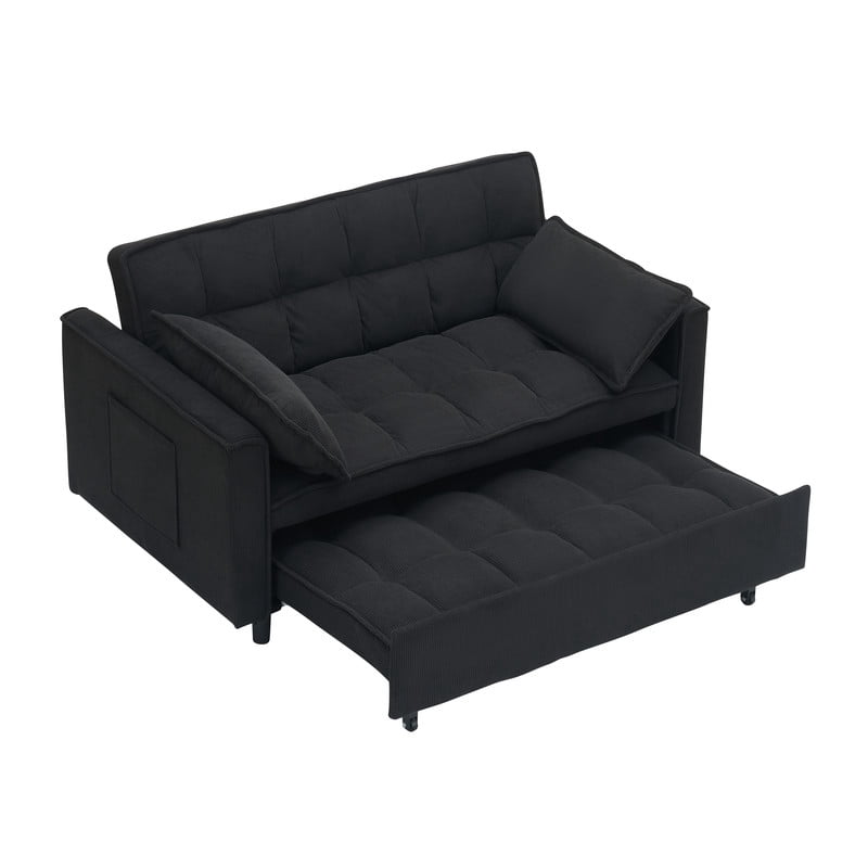 54.3" Corduroy Modular Sectional Sleeper Sofa,Loveseat with Pull Out Bed, Black – Space-Saving Couch for Living Room, Guest Bed, Apartment