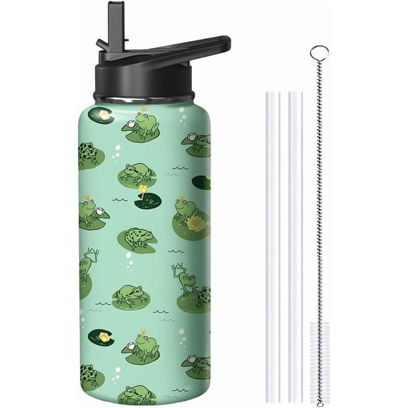 18oz Frog Water Bottle with Handle and Flip Straw, Animal Sports Stainless Steel Insulated Cup Travel Coffee Mug Tumbler, Birthday Mothers Day Chritmas Gifts for Women
