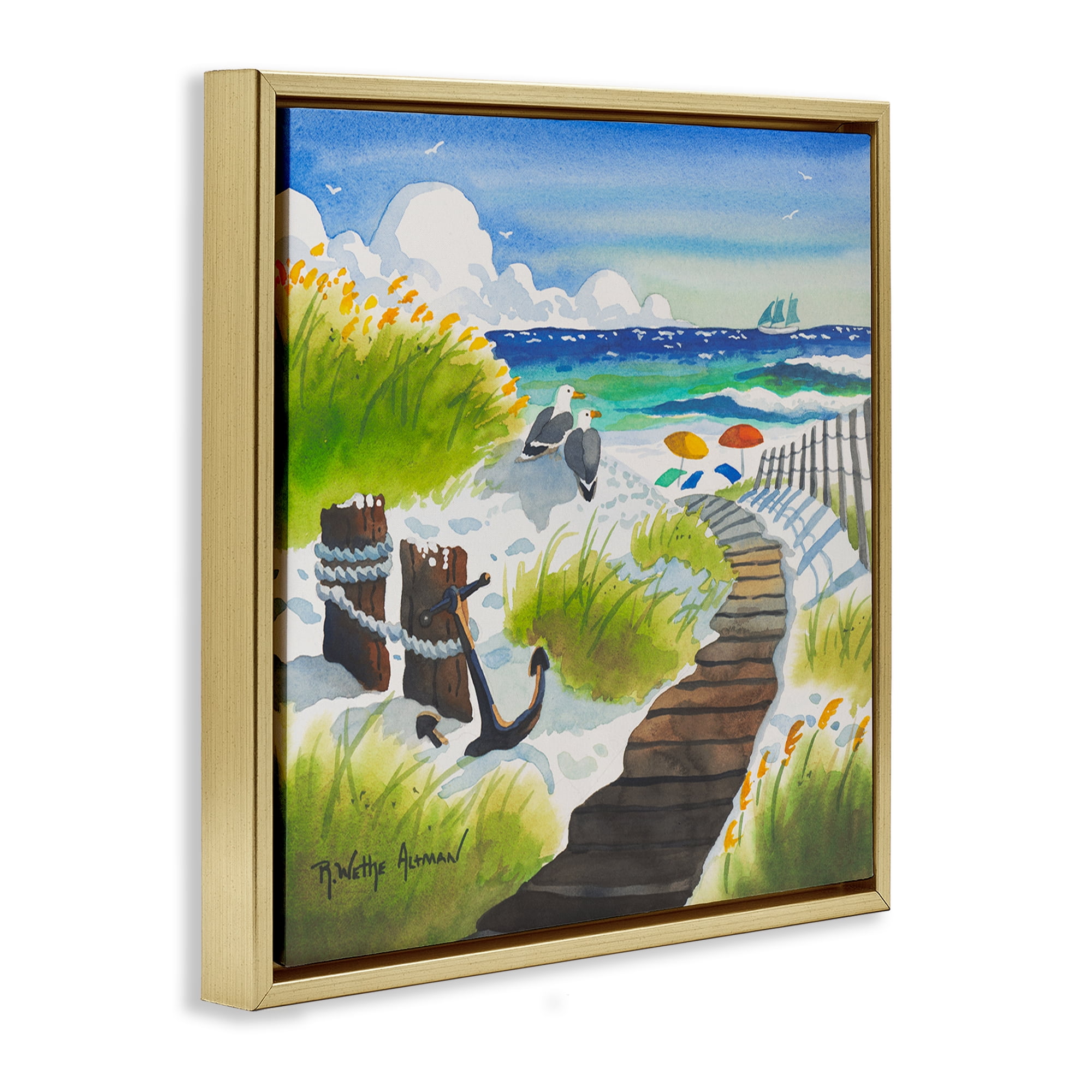 Stupell Industries Seagull & Anchor on Shore Gold Framed Floater Canvas Wall Art, design by Robin Altman