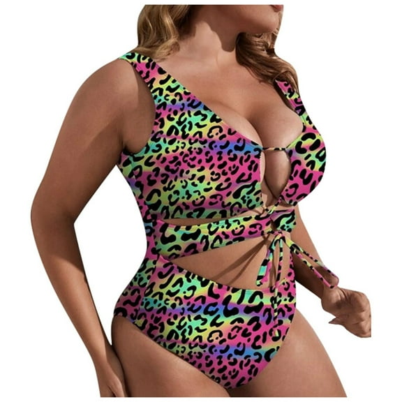Huowey Women Swimwear Summer Plus Size Leopard Tie Front Monokini Beach Vacation Swim Wear Honeymoon Cruise Trendy Wear