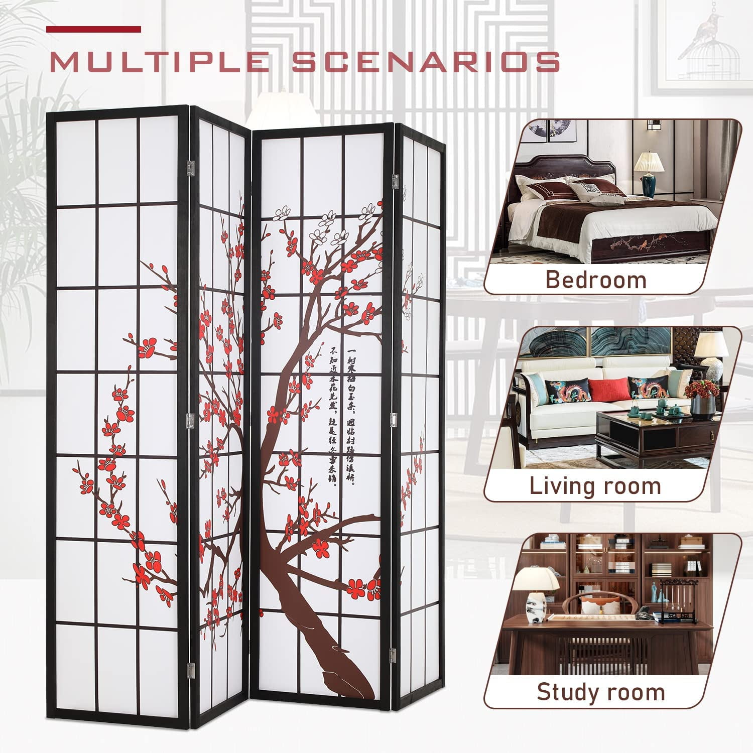 FDW Room Divider 6Ft Folding Privacy Divider 4 Panel,White