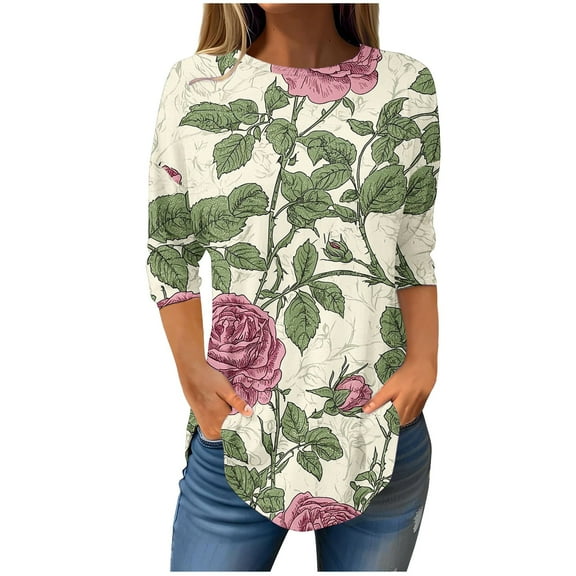Womens Blouses Fall 2025 Fall Tops 2025 Trendy Dressy Vneck 3/4 Sleeve Shirts With Flowers Blouses Casual Petite