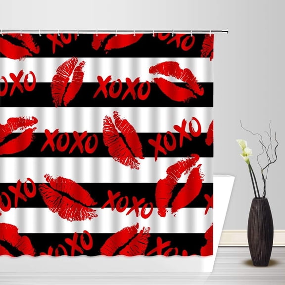 Valentine''s Day Shower Curtain Black White Stripes Red Lips Romantic Woman Lip Love Kiss Sign Modern Creative Bathroom Decor Fabric Curtain with Hooks
