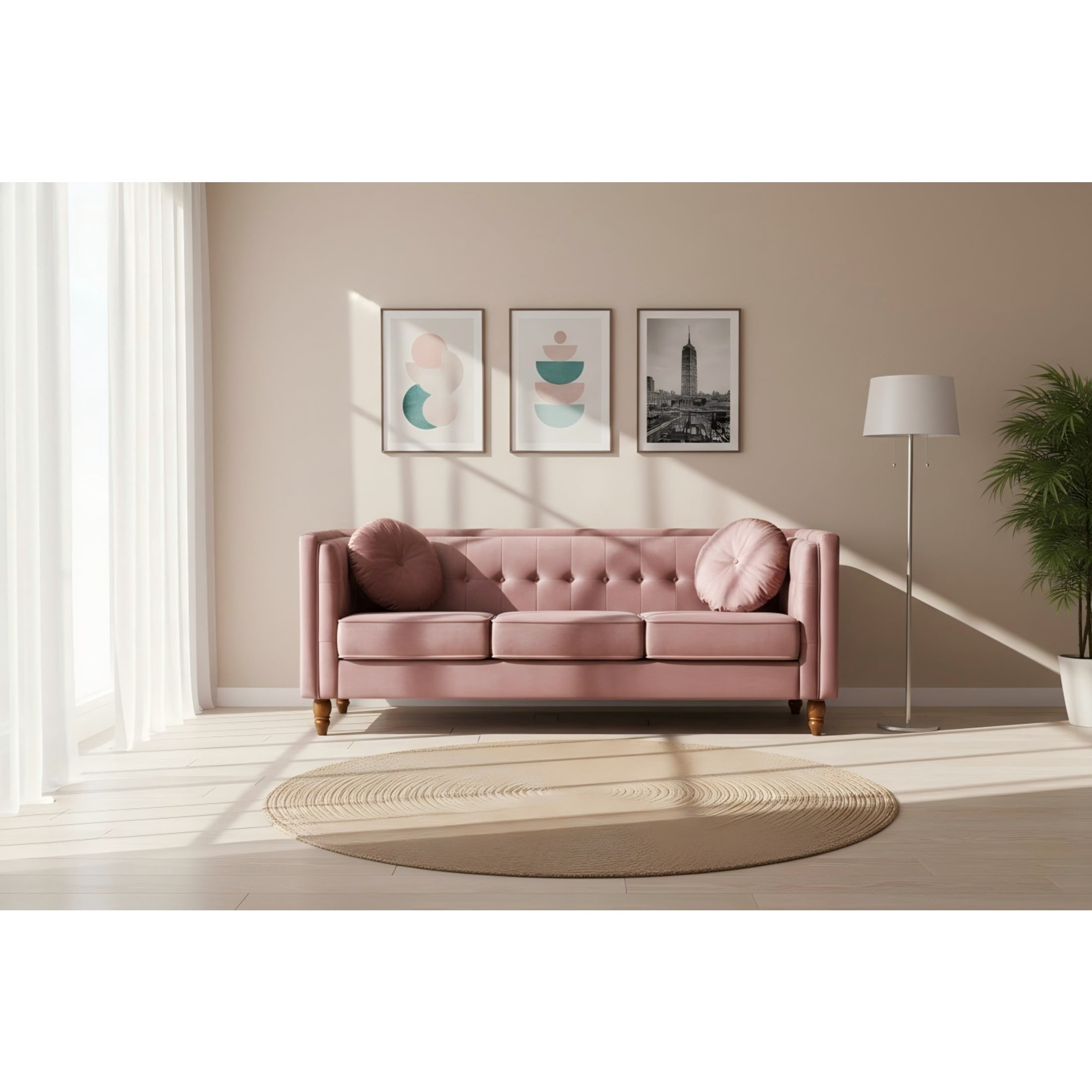 GDF Studio 80.7" Chesterfield Tufted Sofa with Square Arms, Crushed Velvet Upholstery, Rose