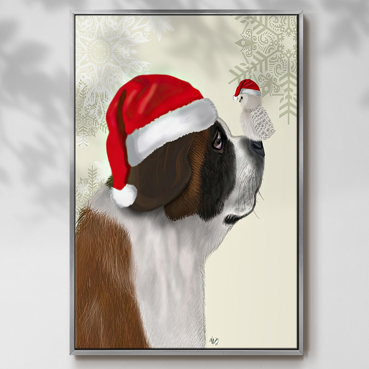 Christmas St Bernard and Fluffy Owl - Framed Gallery Wrapped Holiday Canvas - 27 x 41 - Silver Frame