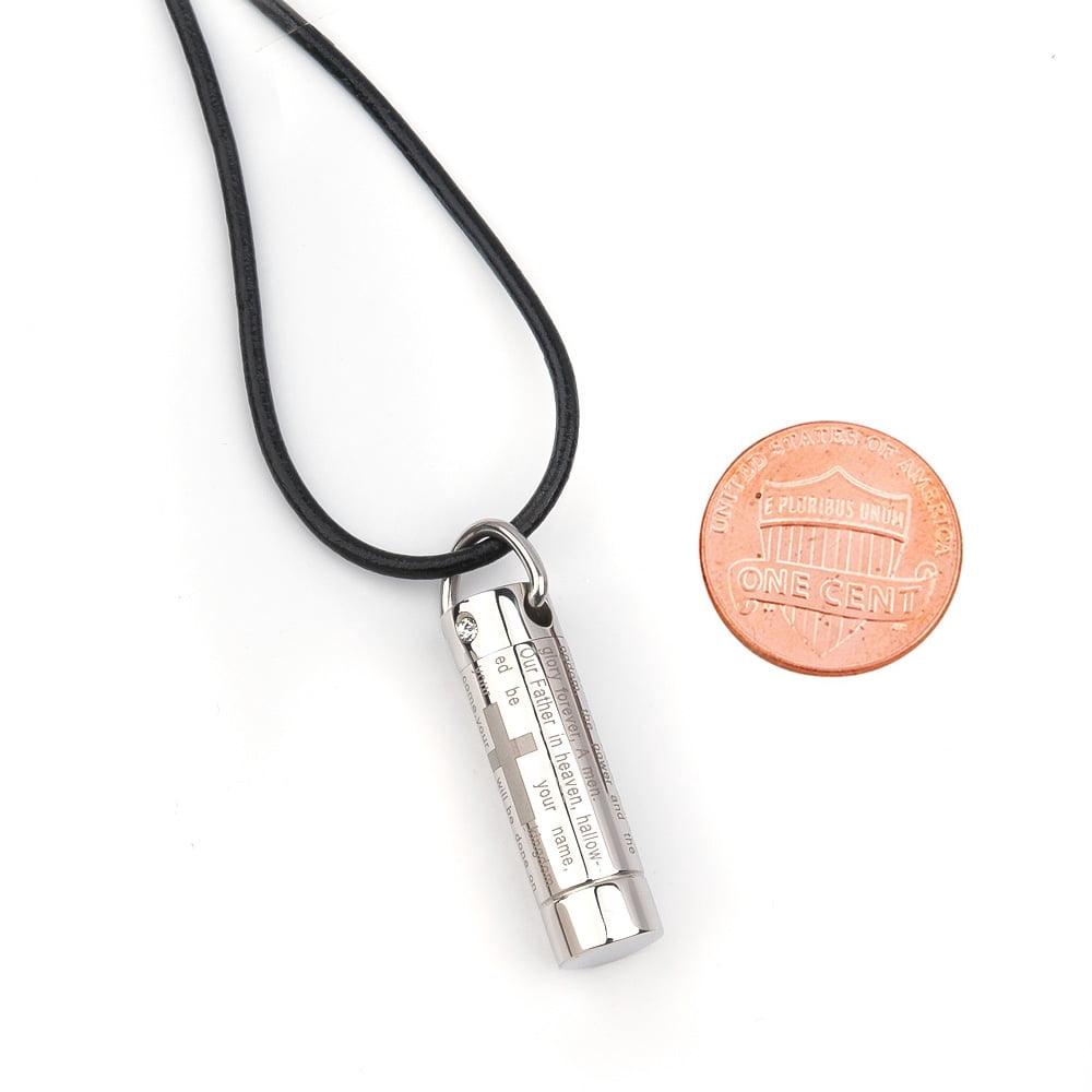 Cylinder Style Memorial Cremation Jewelry Urn Ashes Holder Necklace (Silver Lord is Prayer Cross Cylinder)
