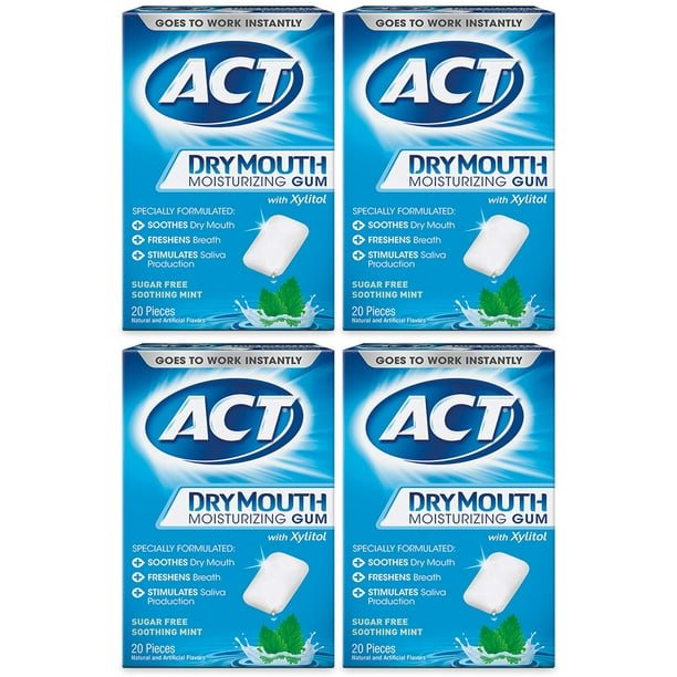 ACT Dry Mouth Moisturizing Gum, SugarFree Soothing Mint, 20 ea (Pack