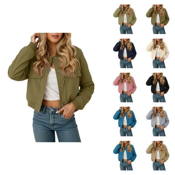 Cropped Jacket for Women 2025 Long Sleeve Baseball Collar Button Down Casual Jackets with Pockets Outerwear
