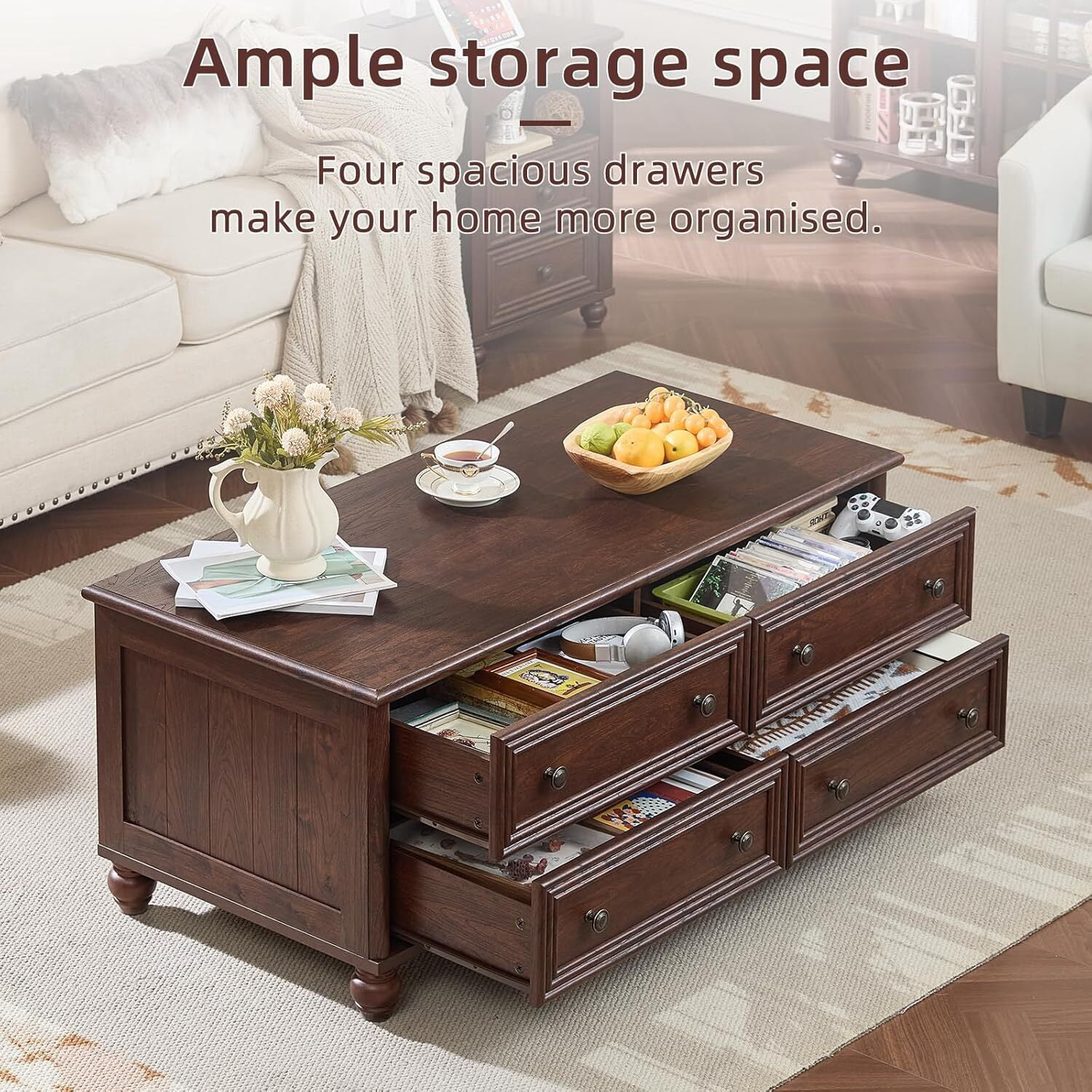 Leyaoyao Farmhouse Coffee Table with Drawers, Rectangular Rustic Center Table with Hidden Storage for Living Room, Office, Walnut