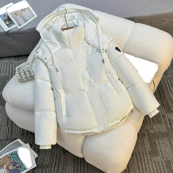 Miluxas Women's Winter Jacket Puffer Cotton Padded Coat Loose Casual Overcoat Female Fashion Hooded Short Parkas White XL(XL)
