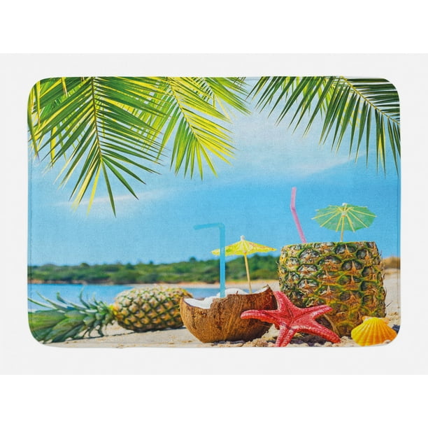 Tropical Bath Mat, Fresh Summer Fruits Coconut and Pineapple Drinks at