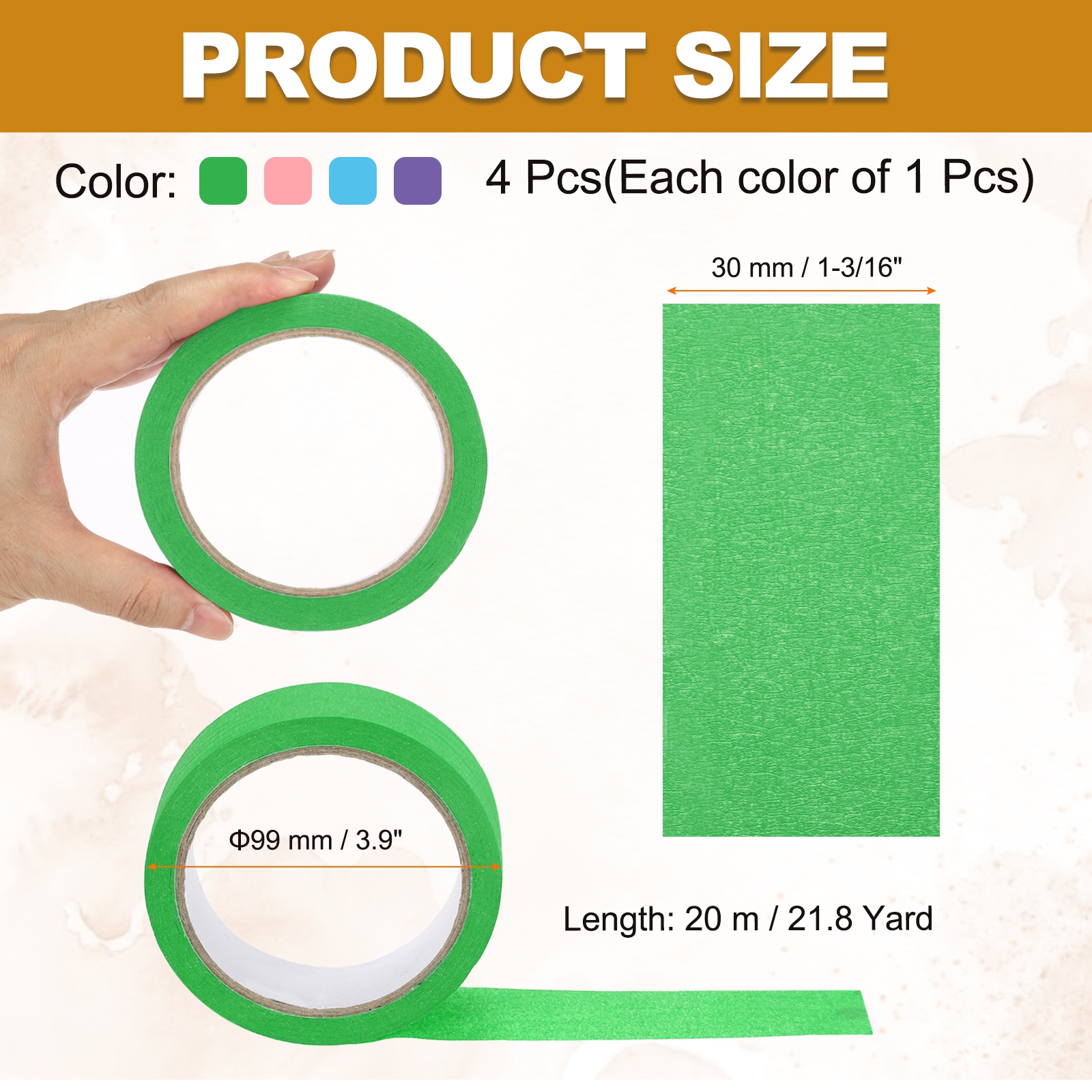 4pcs 1-3/16" x 22 Yard Colored Masking Tape, Pink Purple Blue Dark Green