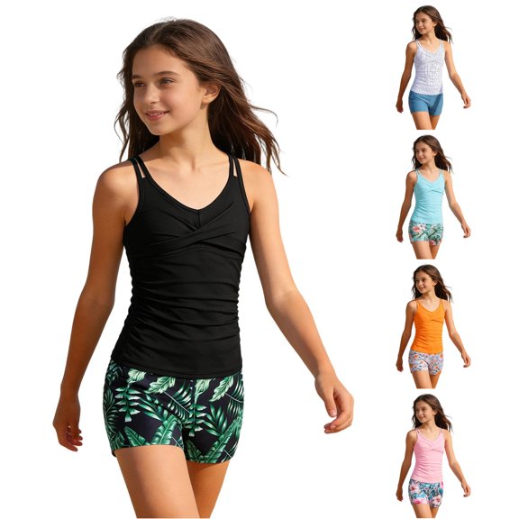 REDARER Girls Two Piece Tankini Swimsuit Double Strap Cross Front Ruched Top Tropical Leaf Print Boyshort Kids Summer Beach Pool Snorkel Swimwear Outfit,13-14 Years