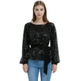 thumbnail image 4 of Women Sparkly Shimmer Glitter Pullover Sweatshirt Long Sleeve Sequin Top With Belt, Black, Medium, 4 of 5