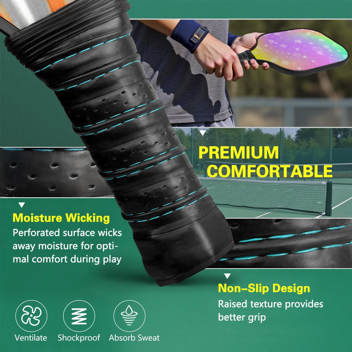 Pickleball Paddles Set Of 2, Fiberglass Surface, Vibrant Rainbow Print, 4 Balls & Bag