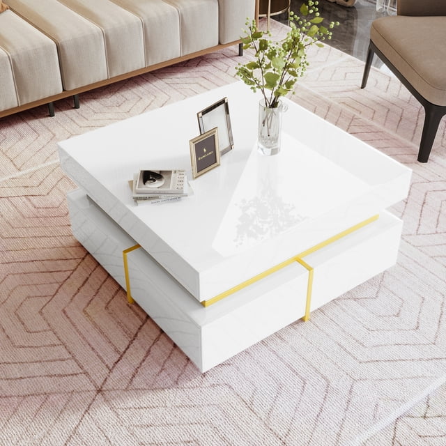 HMSHA Coffee Table,High-Gloss Living Room Table,Side Table with Drawers and Gold Accents