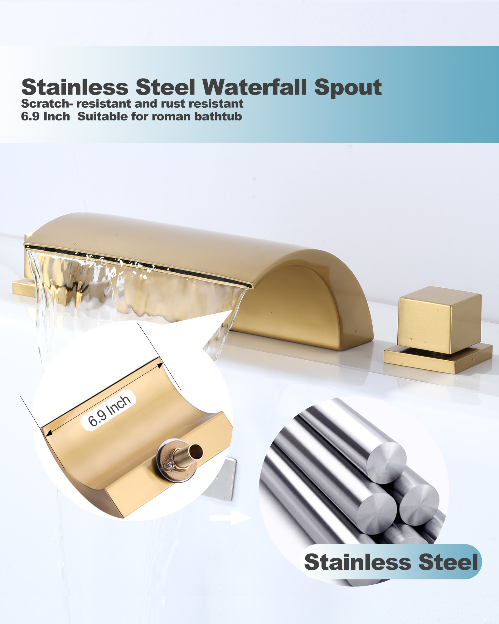 Wowow 2 Handle Waterfall Tub Faucet, Brass 3-Hole Bathtub Faucet, Gold