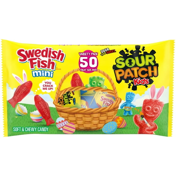 SOUR PATCH KIDS and SWEDISH FISH Mini Soft & Chewy Easter Candy Variety Pack, Bulk Candy, 50 Packs