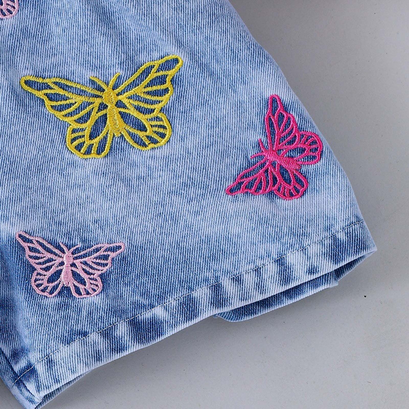 Utlike Girls Outfit Denim Shorts Sets Summer Print White T Shirt & Stretch Denim Shorts Set 2 Piece Casual Outfit For Toddler Kids Size 6 Years-7 Years