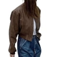 thumbnail image 3 of Womens Faux Leather Bomber Jackets Baseball Collar Zip Up Cropped Biker Coat with Pockets, 3 of 7