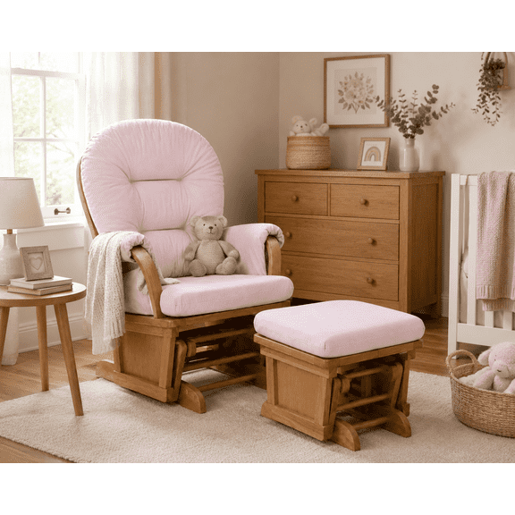 Suite Bebe Madison Glider And Ottoman Poetic Natural Wood and Pink Fabric