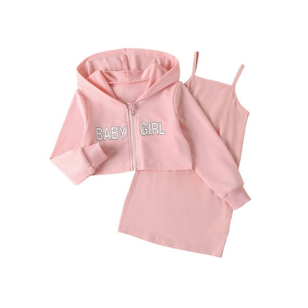 

Sunisery Toddler Kid Girls Clothes Set Letter Hooded Tops Coats Spaghetti Straps Dress Autumn Spring Outfits Pink 4-5 Years