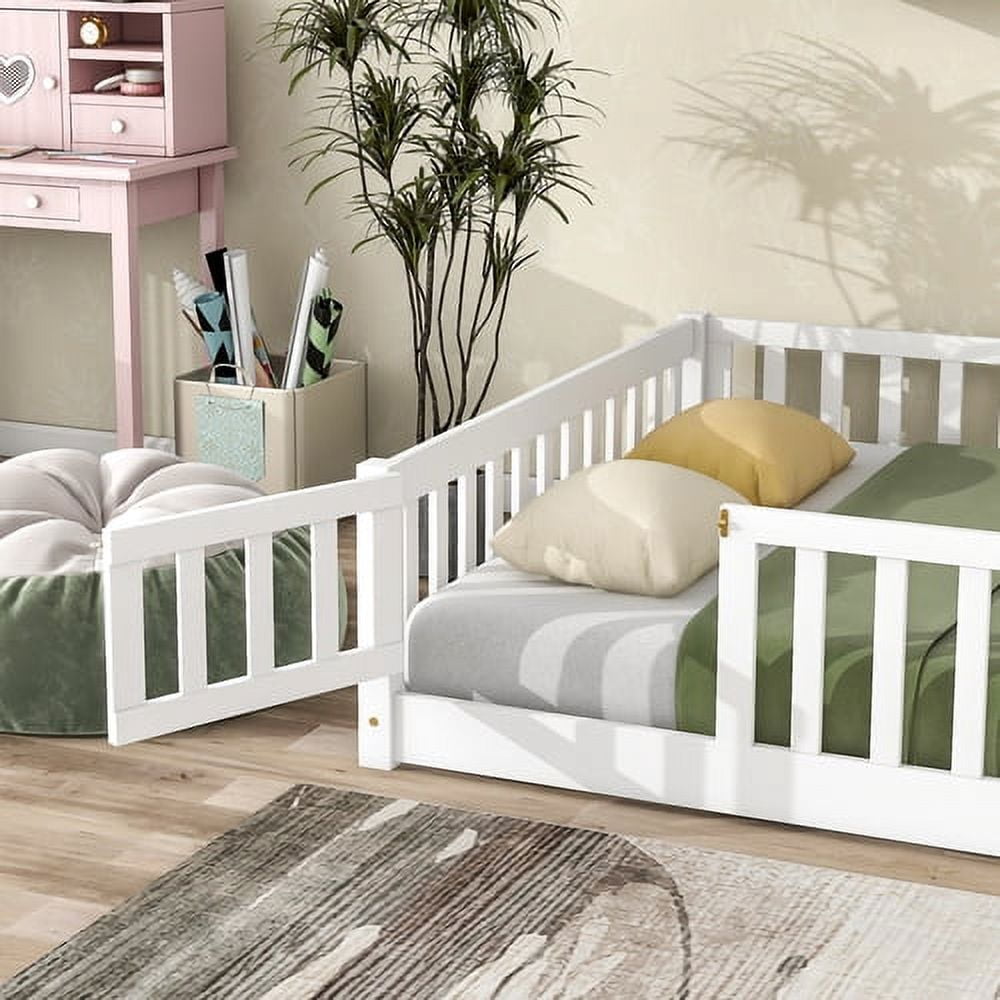Full Size Floor Bed for Kids, Wooden Full Bed Frame with Fence Guardrails & Support Slats & Revolving Door Design, Montessori Style, Full Playhouse Bed with for Toddler, Boys ,Girls, White