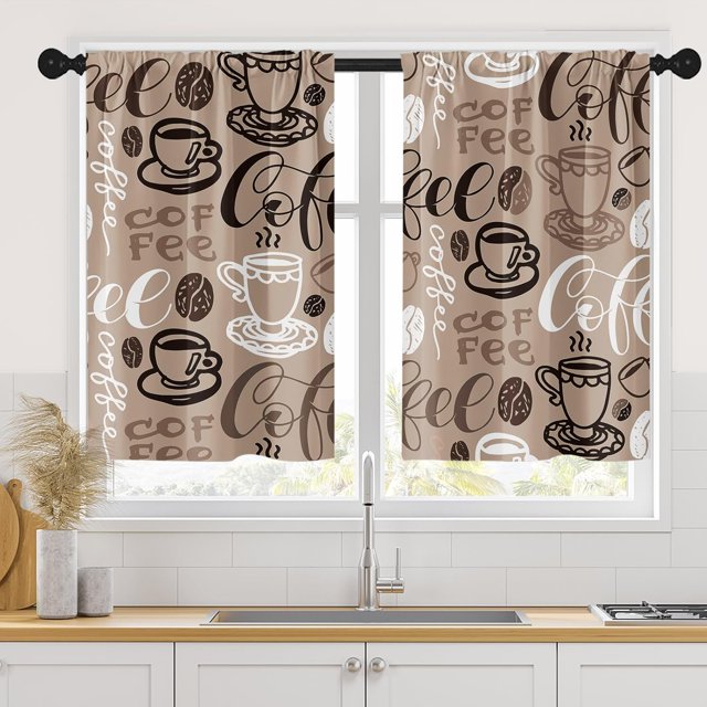 Coffee Cute Cafe Kitchen Curtains 36 Inch Length Funny Window Curtains Over Sink Set of 2, Cup Brown First Short Tier Curtain for Kitchen, Farmhouse Abstract Small Kitchen Decor 26x36 Inch