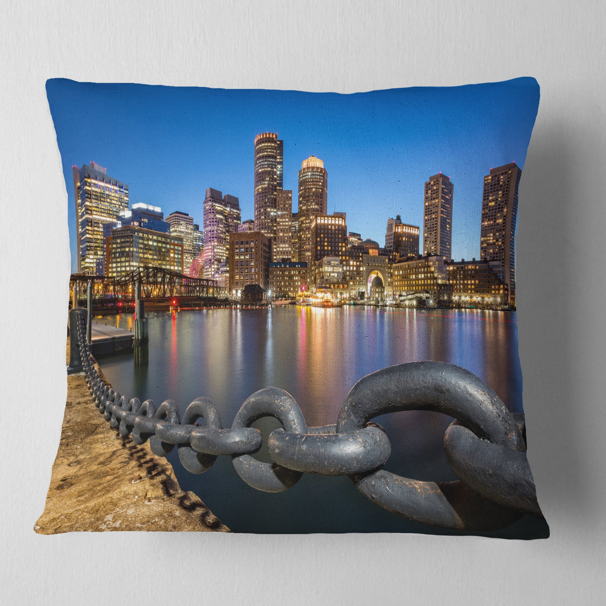 Designart Boston Skyline at Dusk - Cityscape Photo Throw Pillow - 18x18