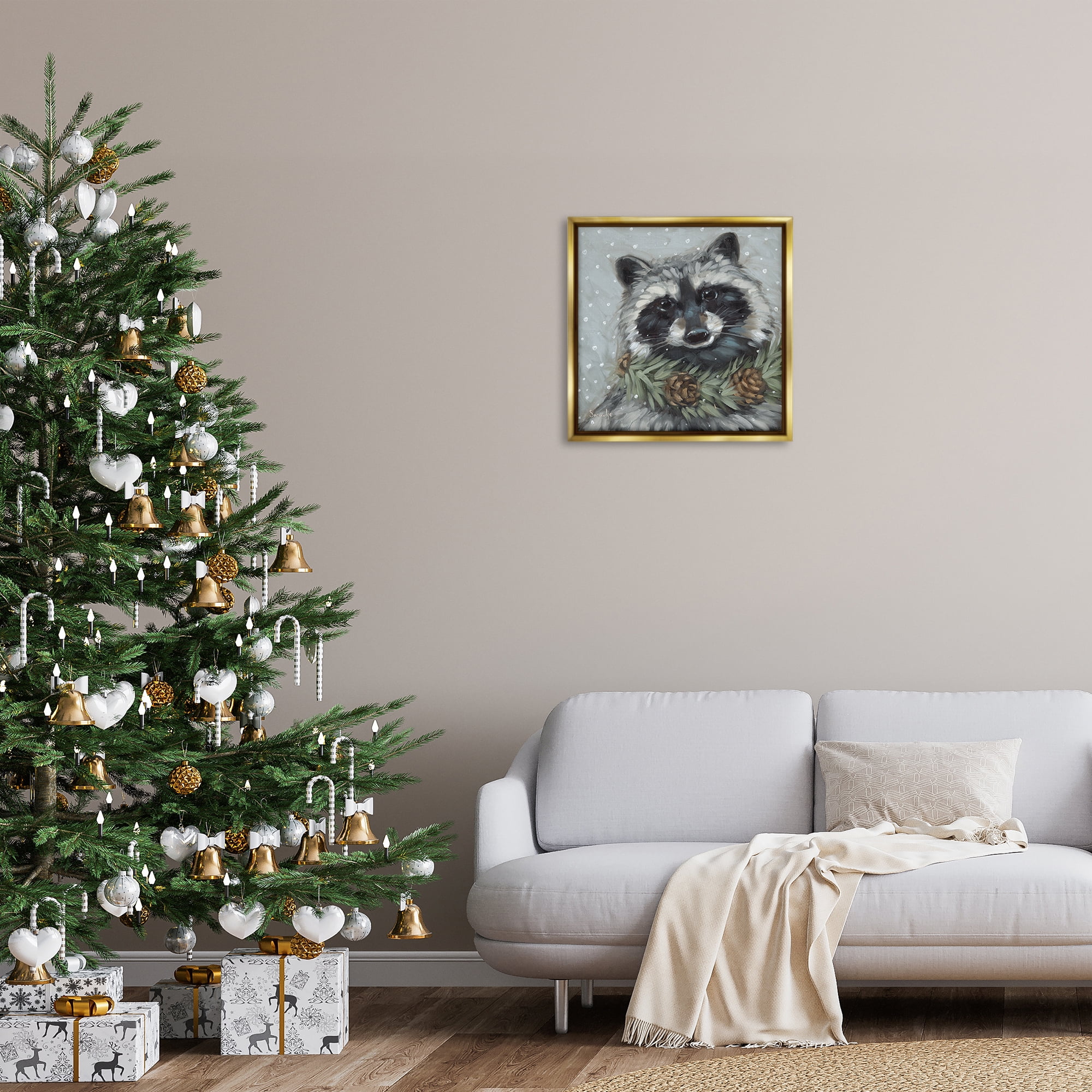 Stupell Industries Raccoon with Pinecones Holiday Painting Gold Floater Framed Canvas Art Prints Wall Art, 25 x 25