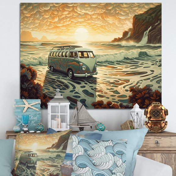 Designart "Green And Orange Retro Van On The Coastline I" Retro Car Wall Art For Bathroom