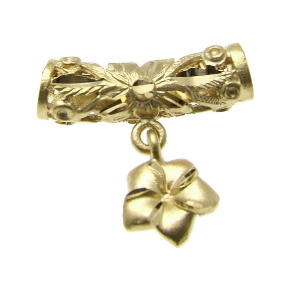 14K Solid yellow gold Hawaiian diamond cut scroll barrel plumeria pendant