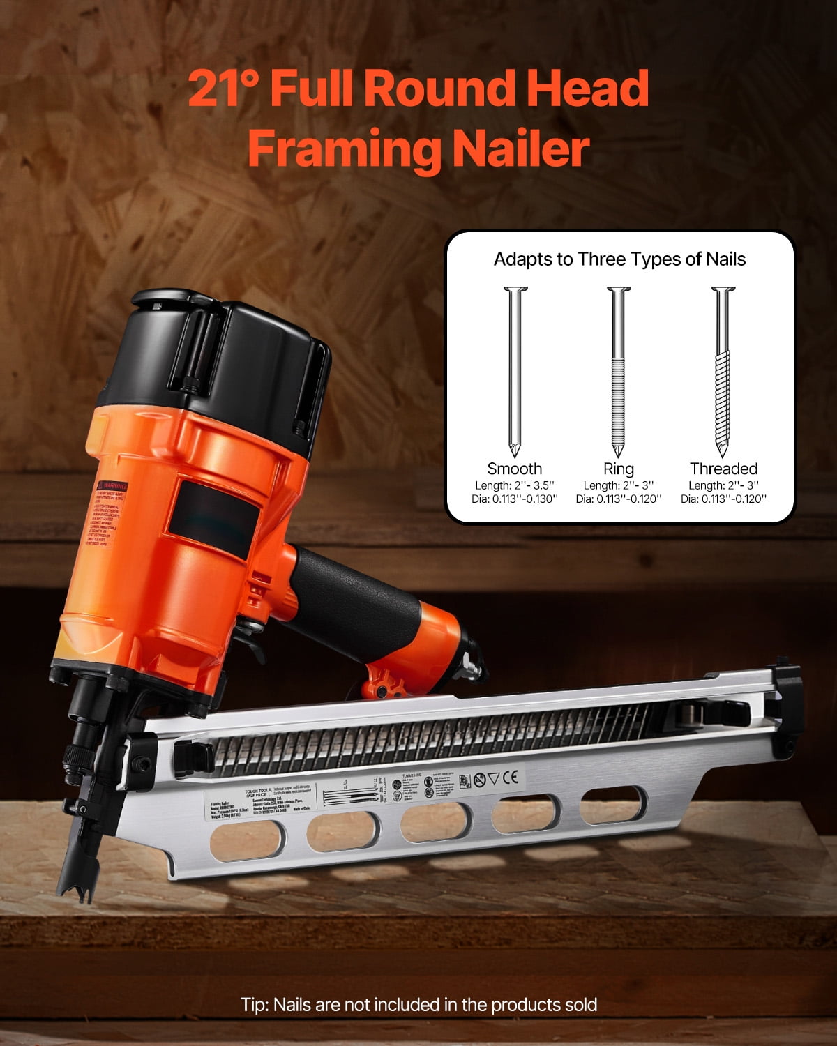 KFFKFF Pneumatic Framing Nailer, 2" to 3-1/2" 21-Degree Full Round Head Nail Gun with Adjustable Depth & Dual Trigger Modes, 80-120 PSI for Framing, Flooring, and Decking