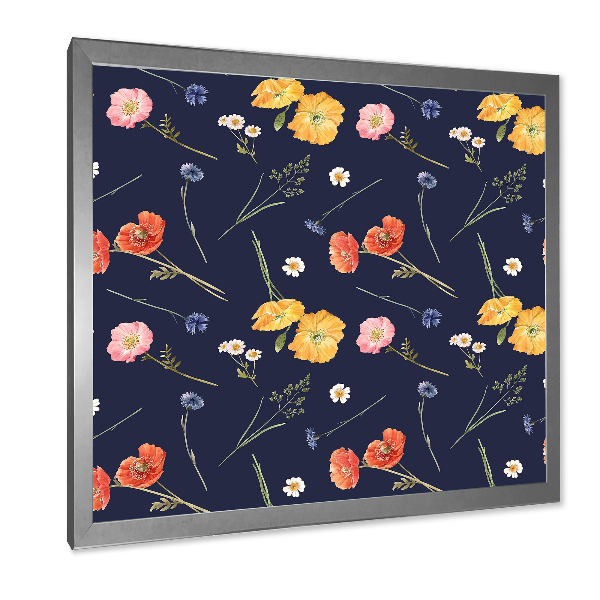 Designart 'Yellow and Orange Wild Flowers On Dark Blue' Traditional Framed Art Print