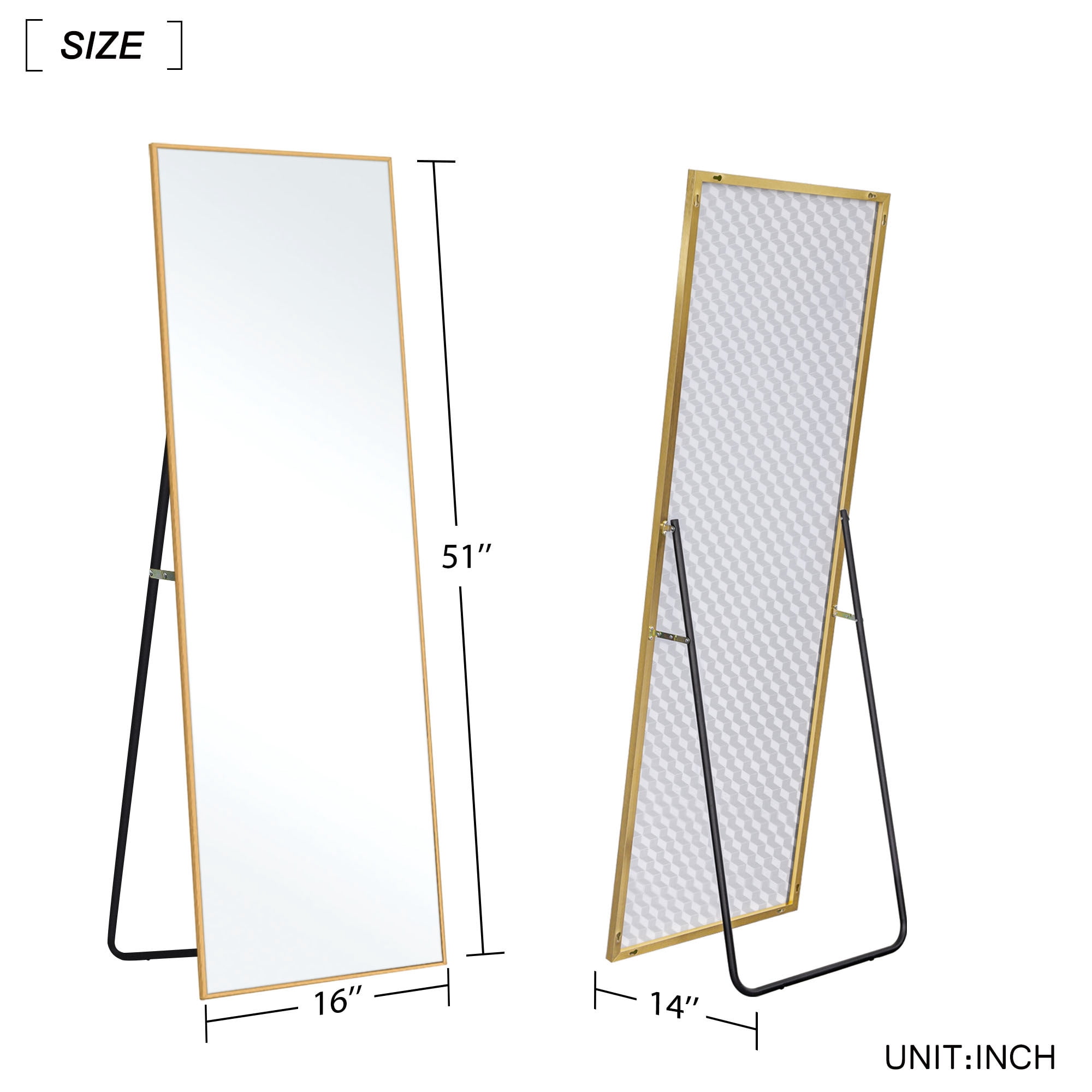 51"x16" Full Length Mirror Aluminum Alloy Rectangle Body Dressing Floor Mirrors with Stand Gold