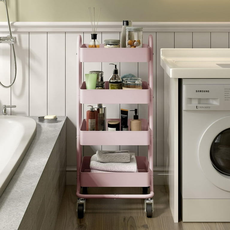 4-Tier Metal Rolling Cart With Wheels - Mobile Utility Cart For Kitchen, Office, Home Storage (Pink)