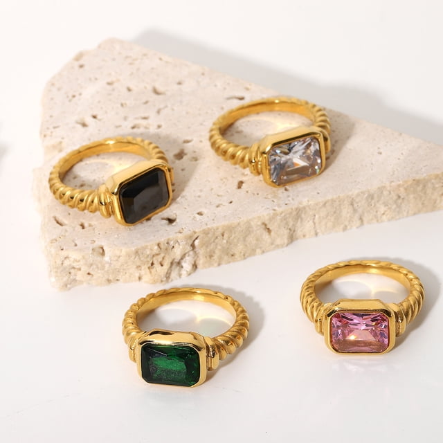Anillo de acero inoxidable con forma de espiral retorcida y forma de media luna para mujer, estilo europeo y americano, con circonita rosa esmeralda rectangular