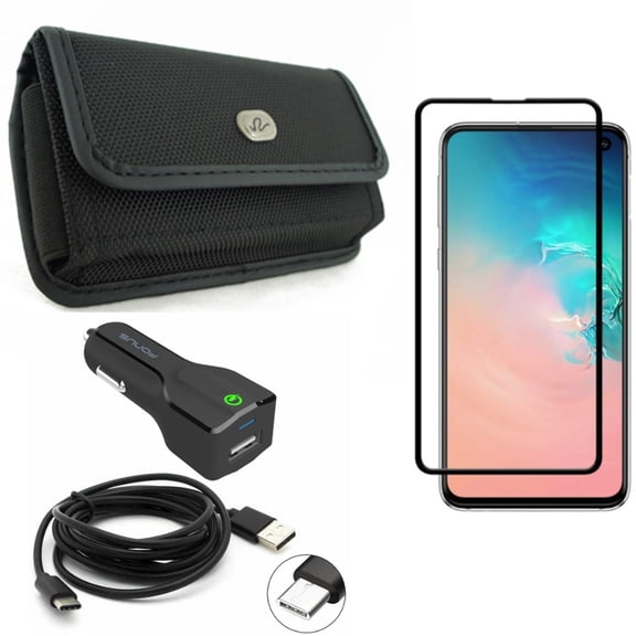 Galaxy S10e Screen Protector w Car Charger w Case Belt Clip - Tempered Glass 5D Curved Edge, 24W Fast 2-Port USB 6ft Cable, Rugged Holster Canvas for Samsung Galaxy S10e Phone