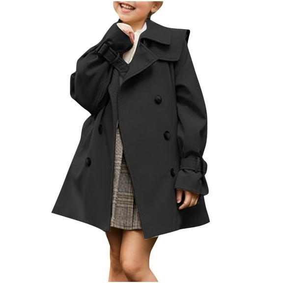 Girls Button Up Dress Coat Trench Kids Winter Outerwear Jackets Pockets Long Sleeved Suits Collars Jackets Black 15 Years