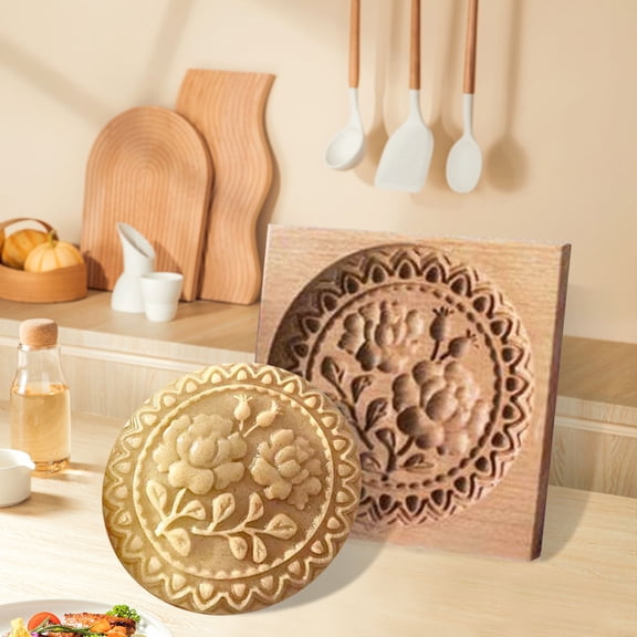 Cookie Mold,Flower Pattern 4X4X0.8 Inch Wooden Biscuit Stamping Tool For Home Baking,Cookie Making,Dessert Decoration