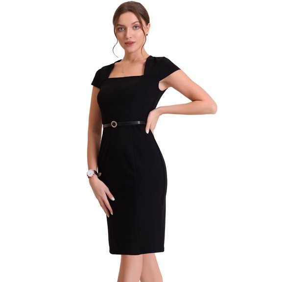DARING DIVA Square Neck Cap Sleeve Belted Sheath Dress XS Black