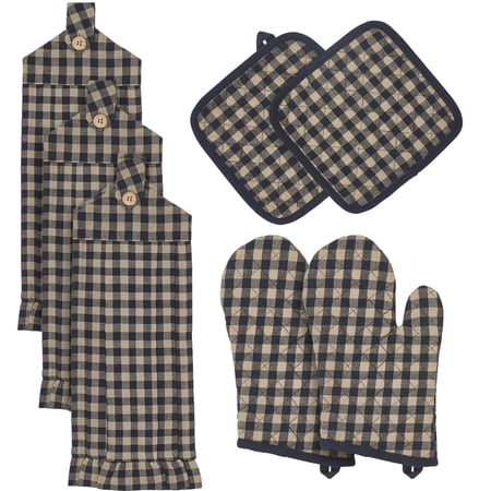 VHC Brands Black Check 7PC Set 2 Oven Mitt 2 Pot Holder and 3 Tea Towels