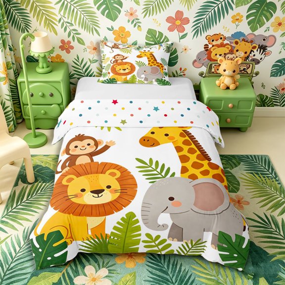 Castle Fairy Cute Watercolor Jungle Lion Giraffe Elephant Twin Duvet Cover,Cartoon Animal Twin Bedding,Green Brown White,Reversible,2pcs,No Comforter,1 Duvet Cover and 1 Pillowcase